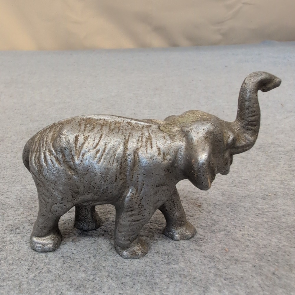 Vintage Cast Metal Elephant Figurine Lucky Trunk Up Silver Tone Decor - Picture 1 of 4
